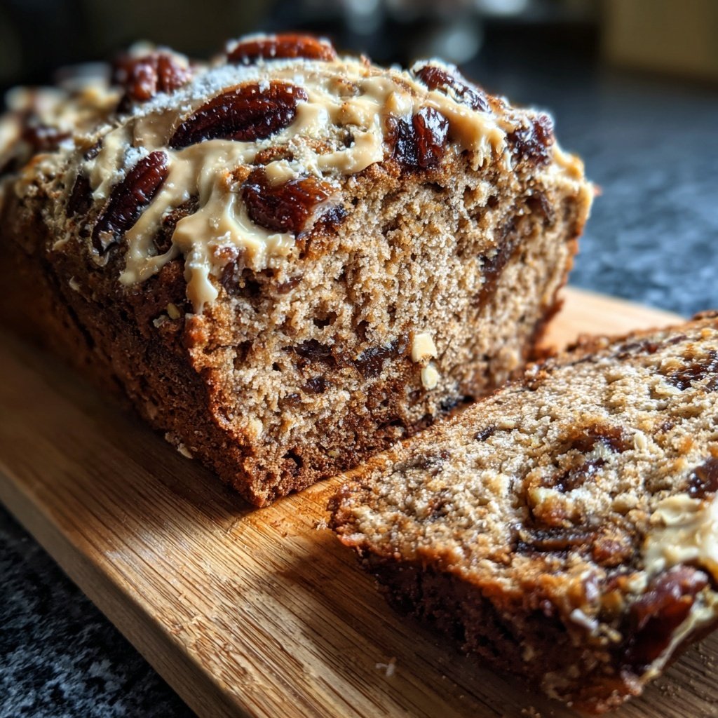Bananenbrot mit Mandelmus und Datteln